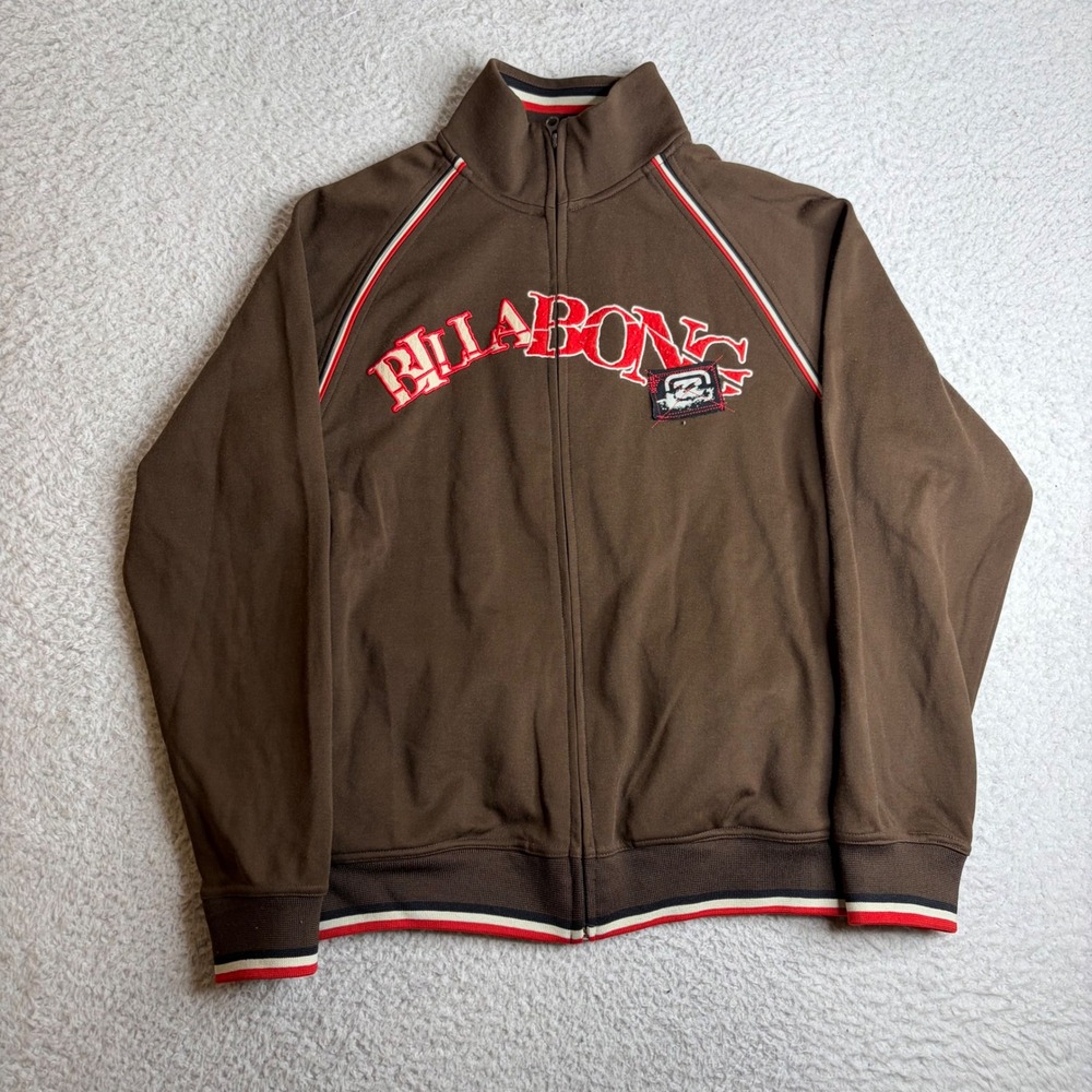 Billabong Y2K Mens Brown Full Zip Track Jacket Red White Stripe Logo Size Large